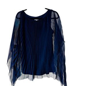 Liliana Pleated Sheer Flowing Cape Sleeve Blouse Navy Blue Women's Size Large